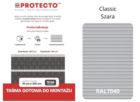 Taśma ogrodzeniowa PASKI 6 x 2,55mb CLASSIC 19cm PROTECTO™ SZARA + 12 klipsów GRATIS Taśma ogrodzeniowa PASKI 6 x 2,55mb CLASSIC 19cm PROTECTO™ SZARA + 12 klipsów GRATIS